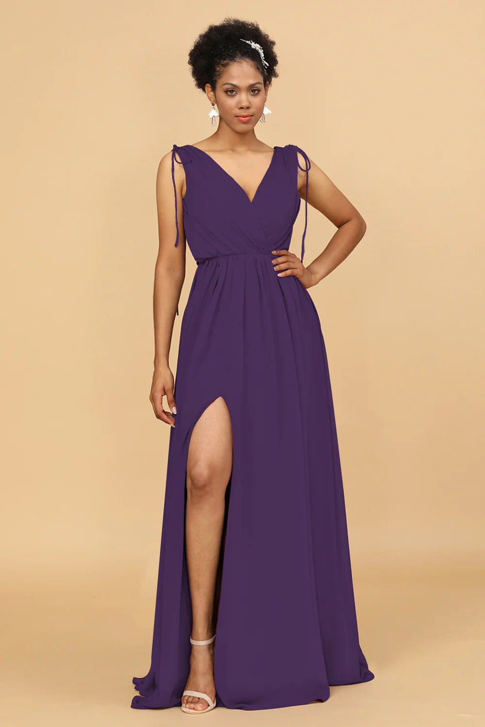 A Line Ruched V Neck Sleeveless Chiffon Bridesmaid Dress with Slit