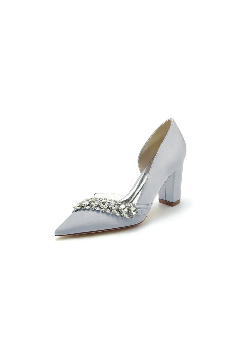 Chic Satin Pointed Toe Slip on Chunky Heels With Rhinestone