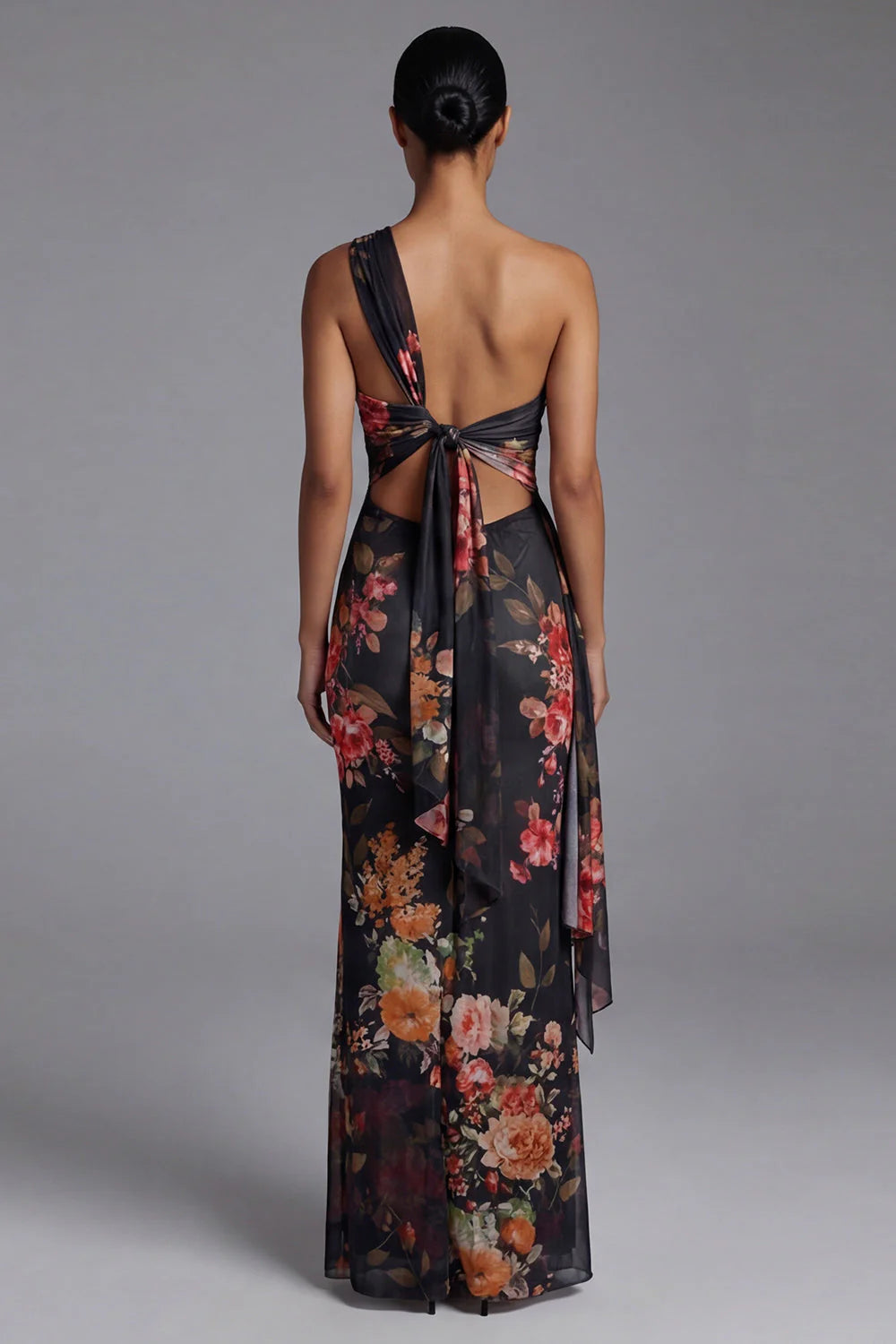 One Shoulder Cut Out Printed Ivory Maxi Formal Dress