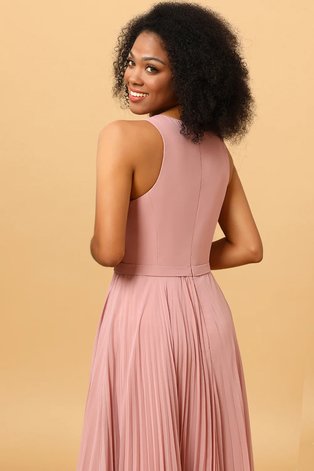 Dusty Rose A Line High Neck Pleated Long Chiffon Bridesmaid Dress