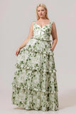 Green Flower A Line Corset Ruffle Long Plus Size Bridesmaid Dress with Lace Up Back