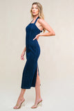 SO QUINTESSENTIAL BODYCON HALTER DENIM MIDI DRESS