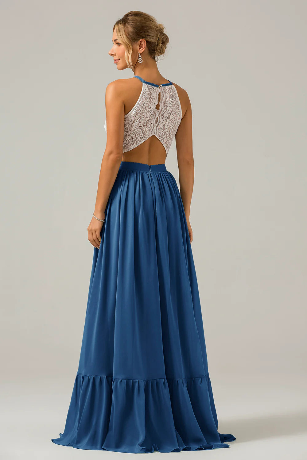 A Line Halter Pleated Keyhole Chiffon Bridesmaid Dress With Lace