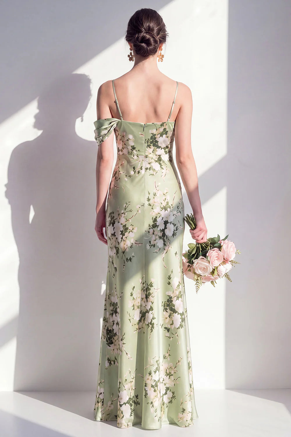 Mermaid Sage Green Floral Spaghetti Straps Long Bridesmaid Dress