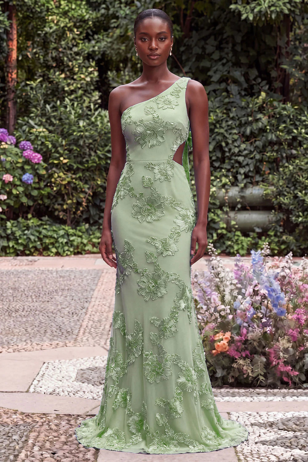 One Shoulder Mermaid Lilac Floral Embroidery Cut Out Maxi Dress with Bow