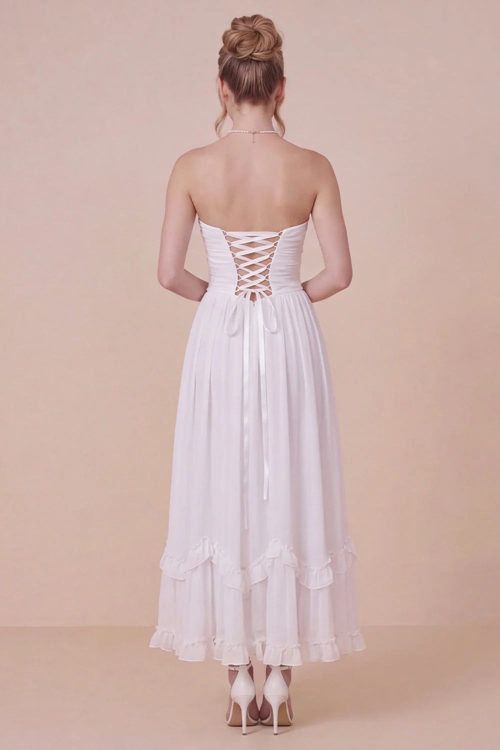 Strapless A Line 3D Flower White Engagement Dress with Slit