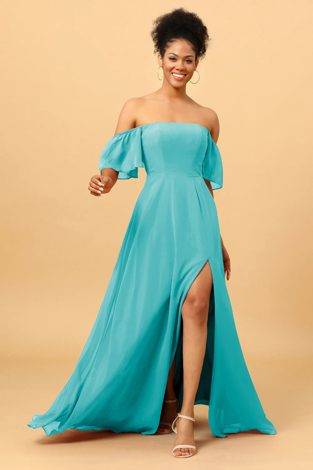 A Line Off the Shoulder Long Chiffon Bridesmaid Dress with Slit