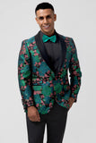 Mens Green Shawl Lapel One Button Jacquard Prom Blazer
