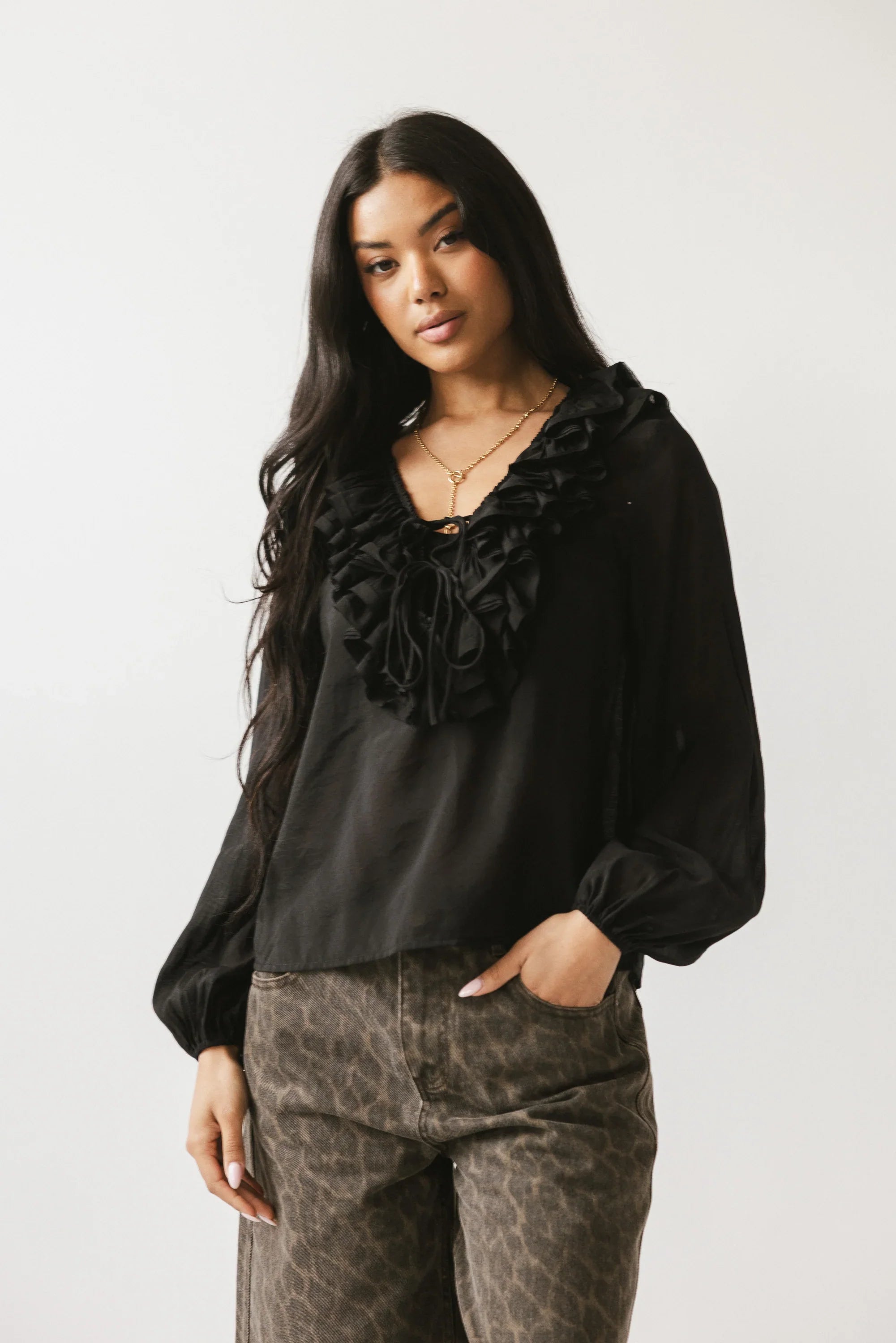 Calispell Sheer Collared Blouse in Black FINAL SALE