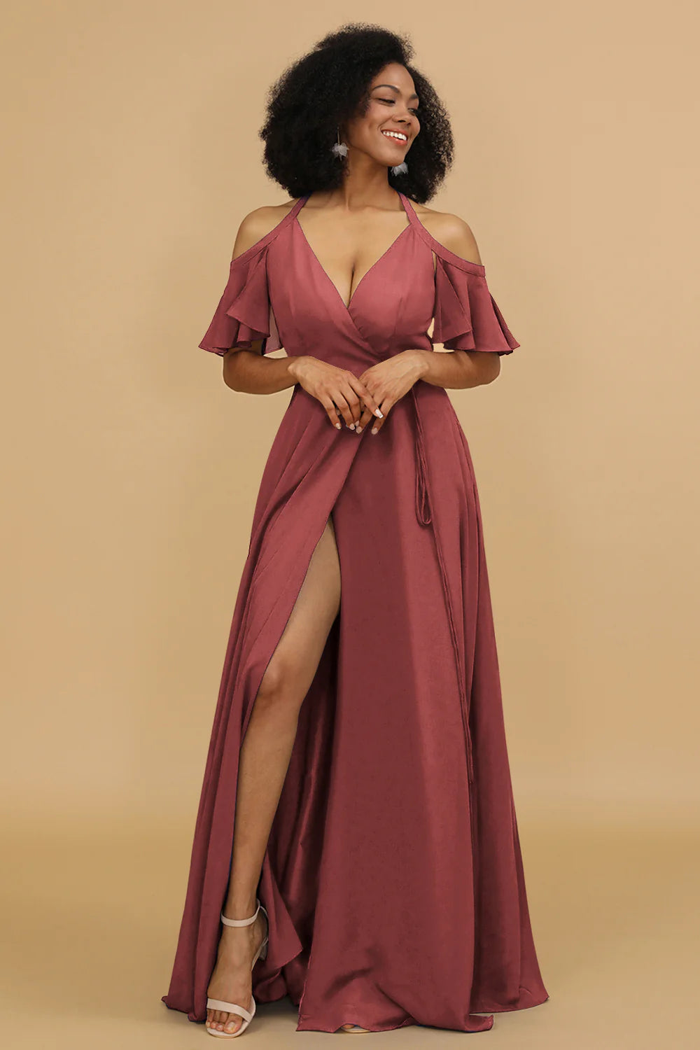 A Line Halter Cold Shoulder Chiffon Bridesmaid Dress with Slit