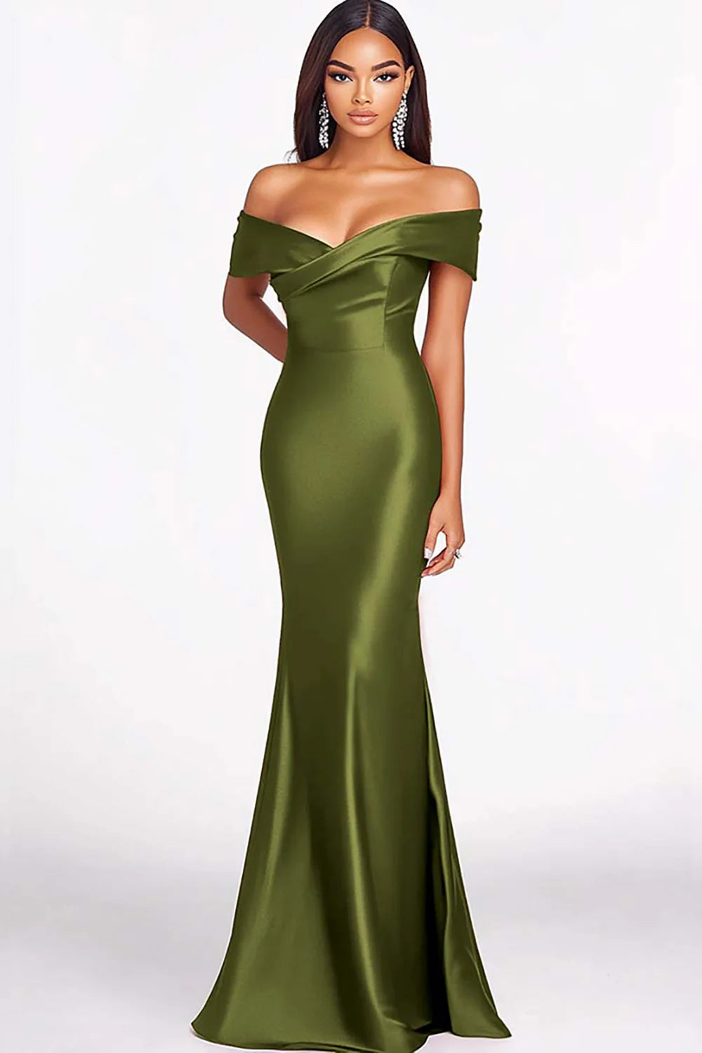 Dusty Sage Mermaid Off The Shoulder Satin Long Formal Dress