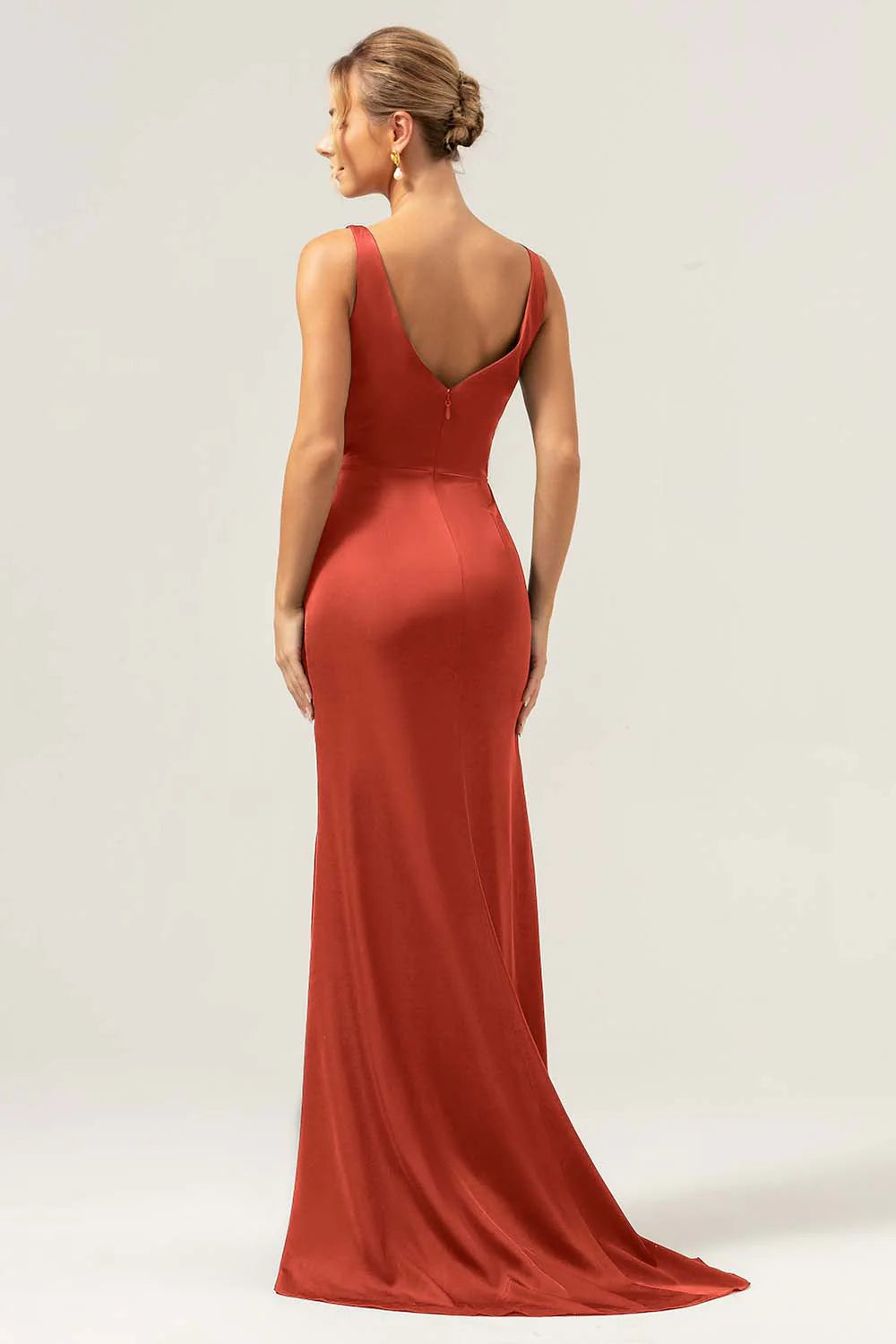 Burgundy Mermaid V Neck Ruched High Low Long Satin Bridesmaid Dress with Slit
