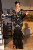 Sheath V Neck Black Sequins Long Party Dress with Fringes