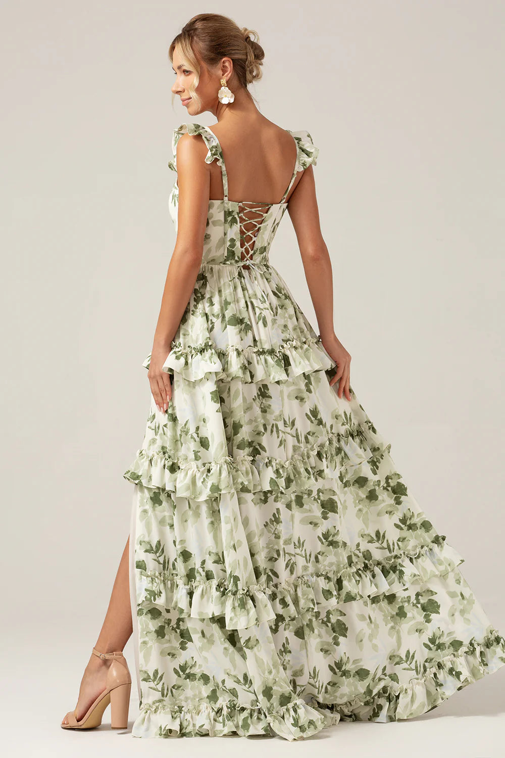Green Flower A Line Printed Tiered Long Plus Size Bridesmaid Dress With Slit