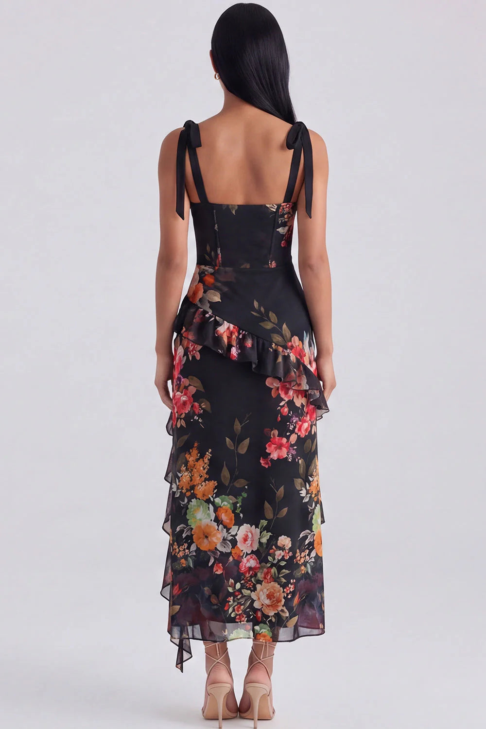Black Ruffled Floral Corset Midi Wedding Guest Dress