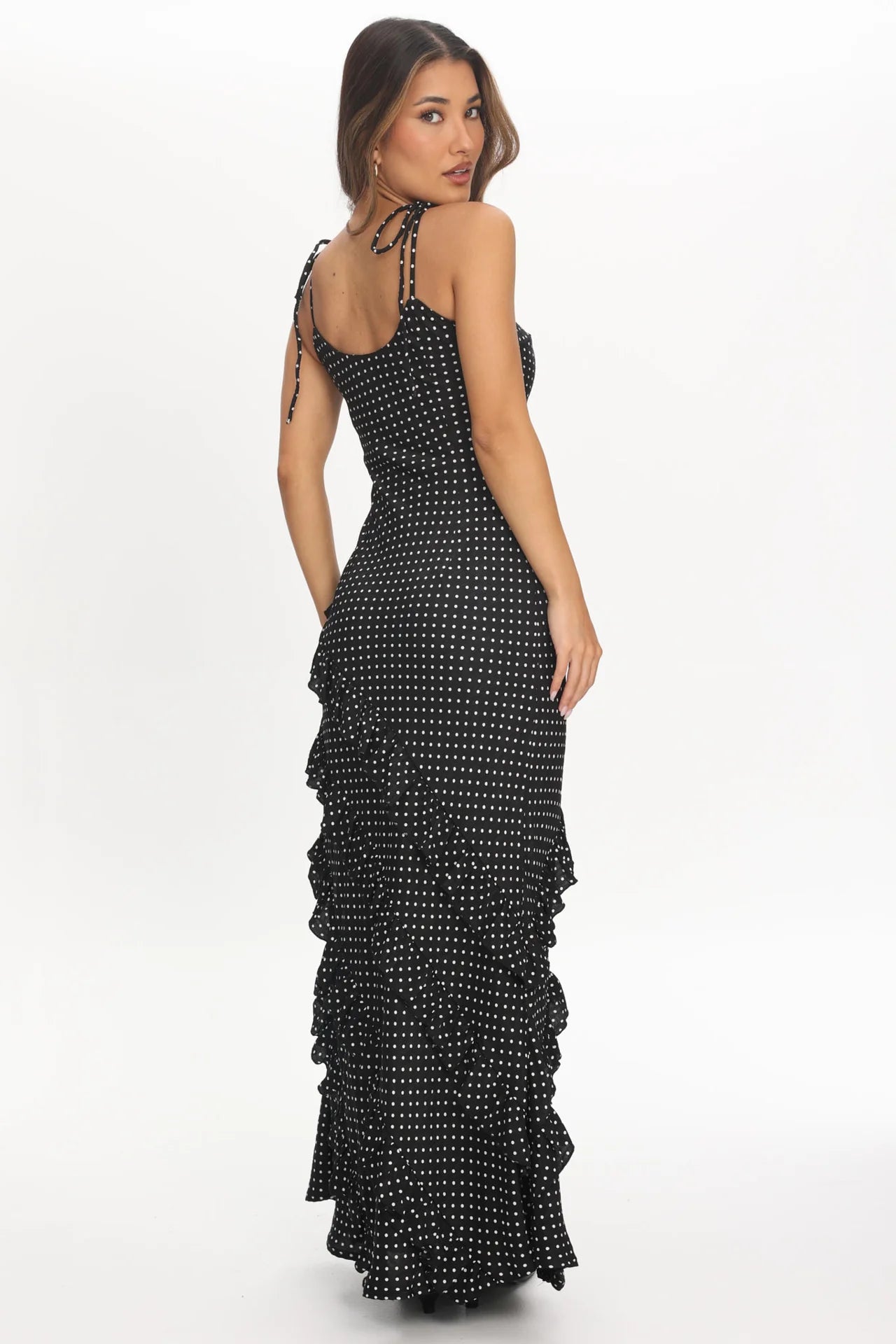 Nevaeh Polka Dot Ruffle Maxi Dress Black