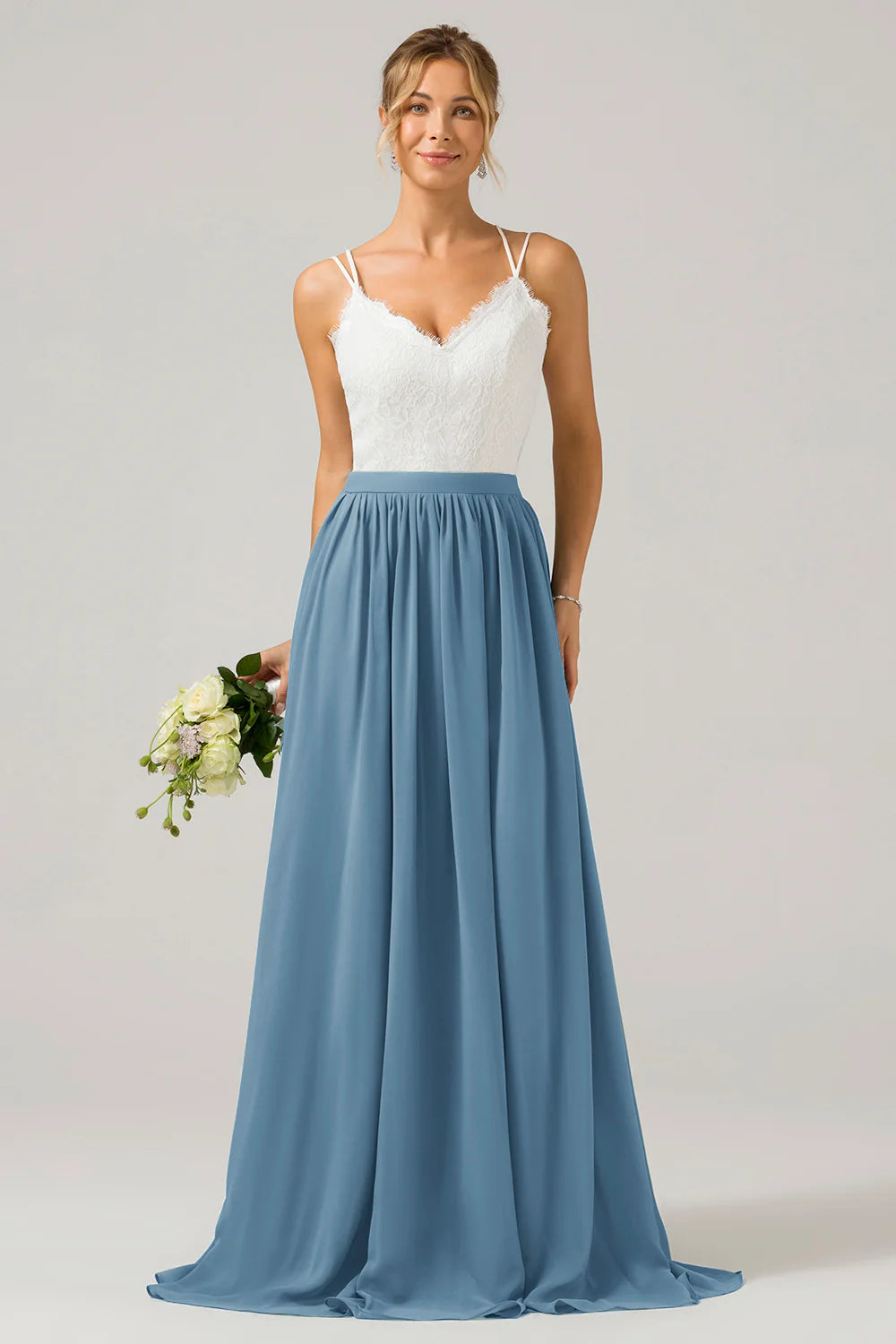 A Line Spaghetti Straps Pleated Long Bridesmaid Dress With Lace