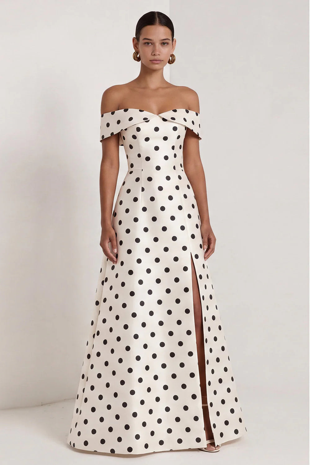 Off the Shoulder Black White Polka Dot A Line Maxi Formal Dress with Slit