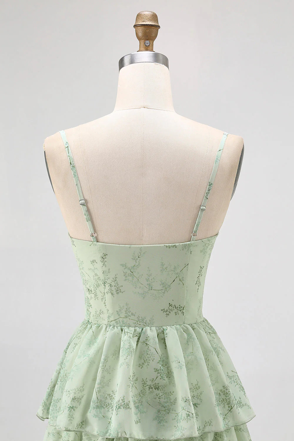 Dusty Sage A Line Corset Tiered Print Floral Long Bridesmaid Dress with Slit