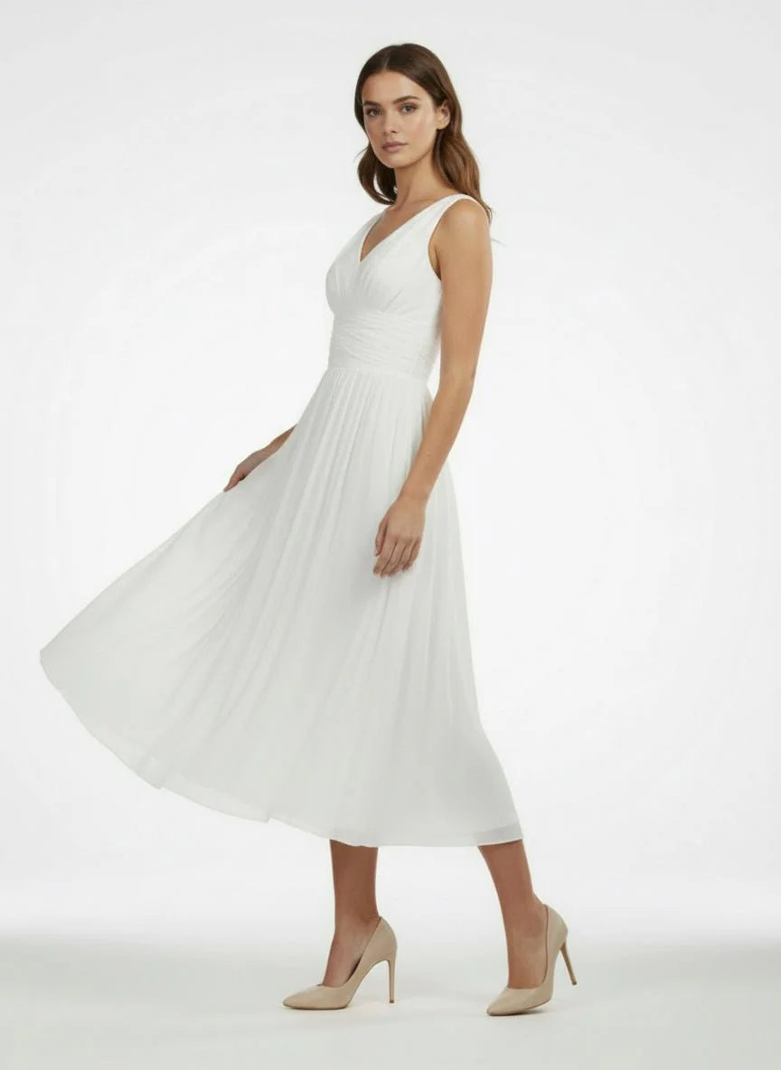 V Neck Sleeveless Tea Length Chiffon Wedding Dress With Ruching And Low V Back