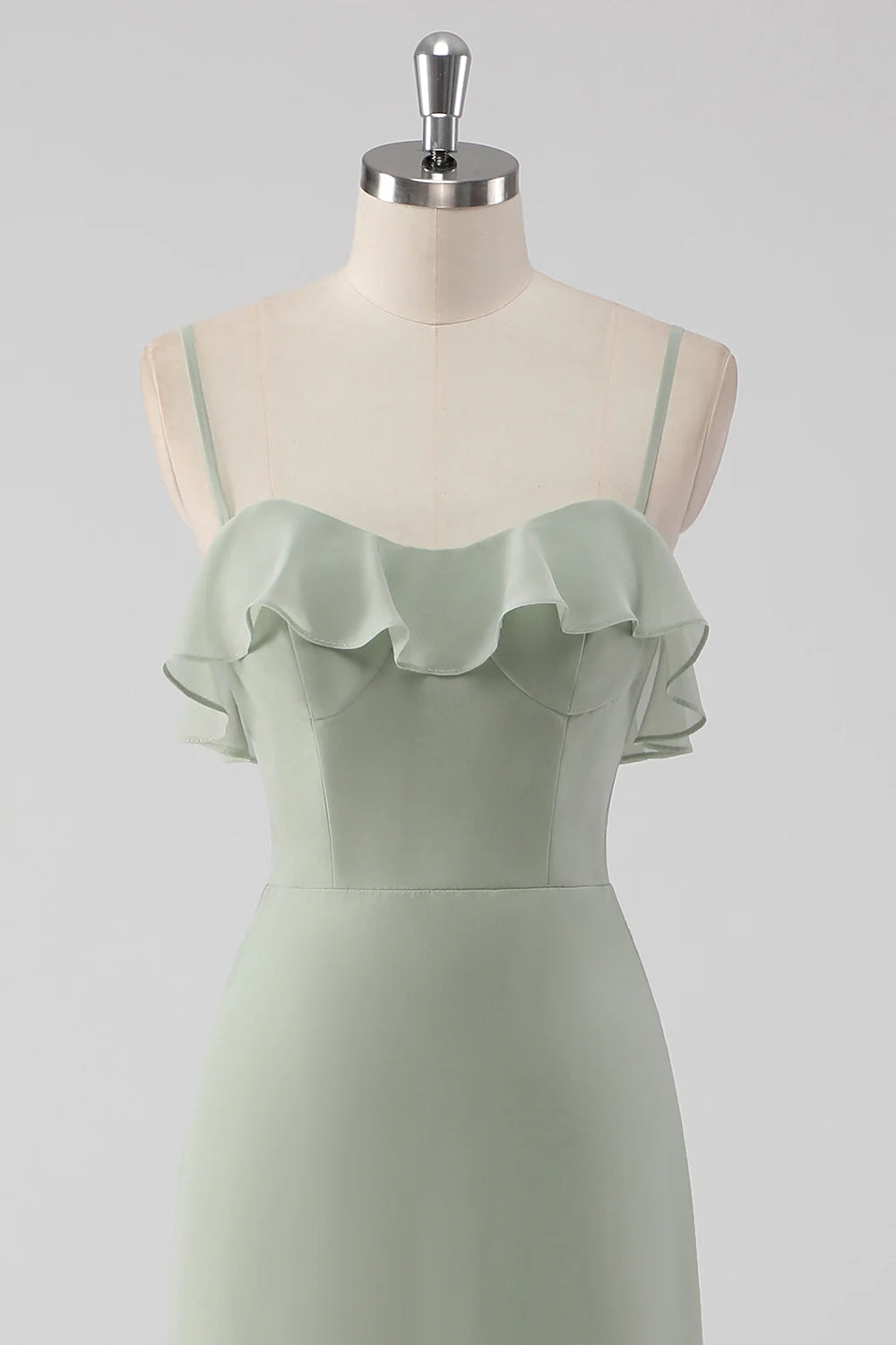 Dusty Sage Sheath Spaghetti Straps Pleated Long Bridesmaid Dress with Lace Up Back