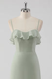 Dusty Sage Sheath Spaghetti Straps Pleated Long Bridesmaid Dress with Lace Up Back