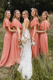 Simple A Line Coral Chiffon Long Bridesmaid Dresses