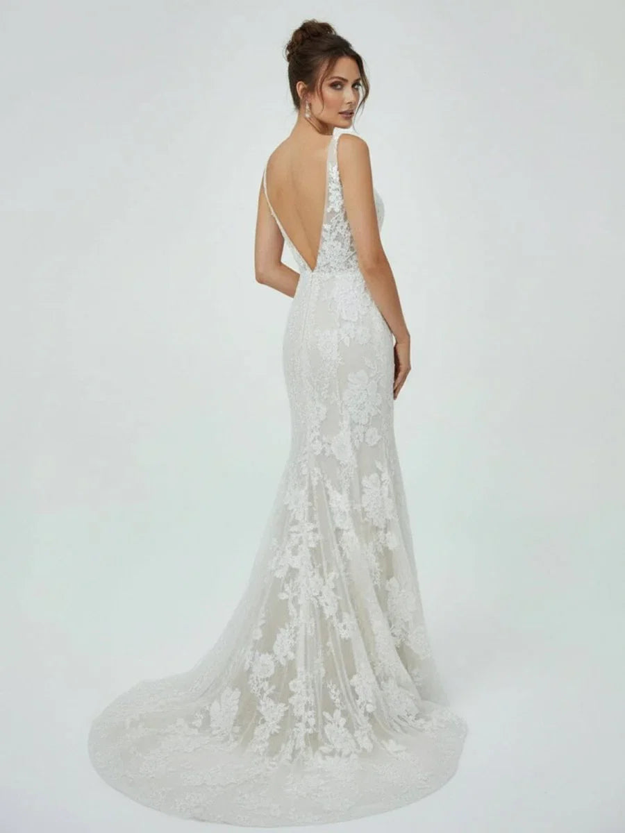 Floral Lace Appliques V Neck Sleeveless Mermaid Boho Wedding Dresses