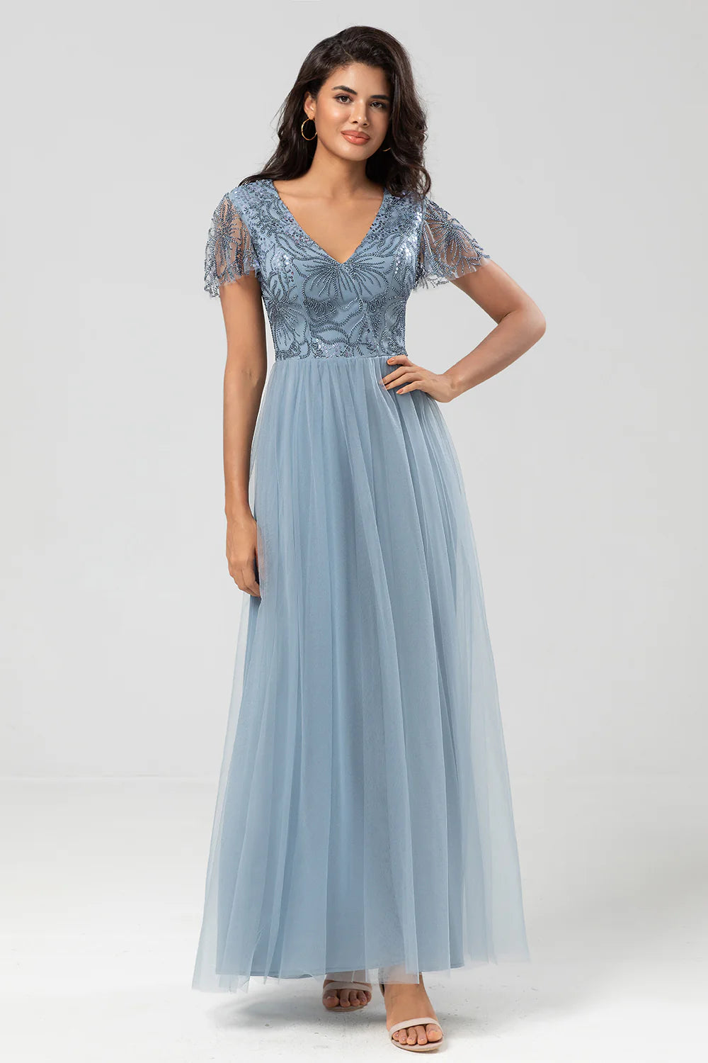 A Line V Neck Embroidered Tulle Dusty Pink Bridesmaid Dress with Beading