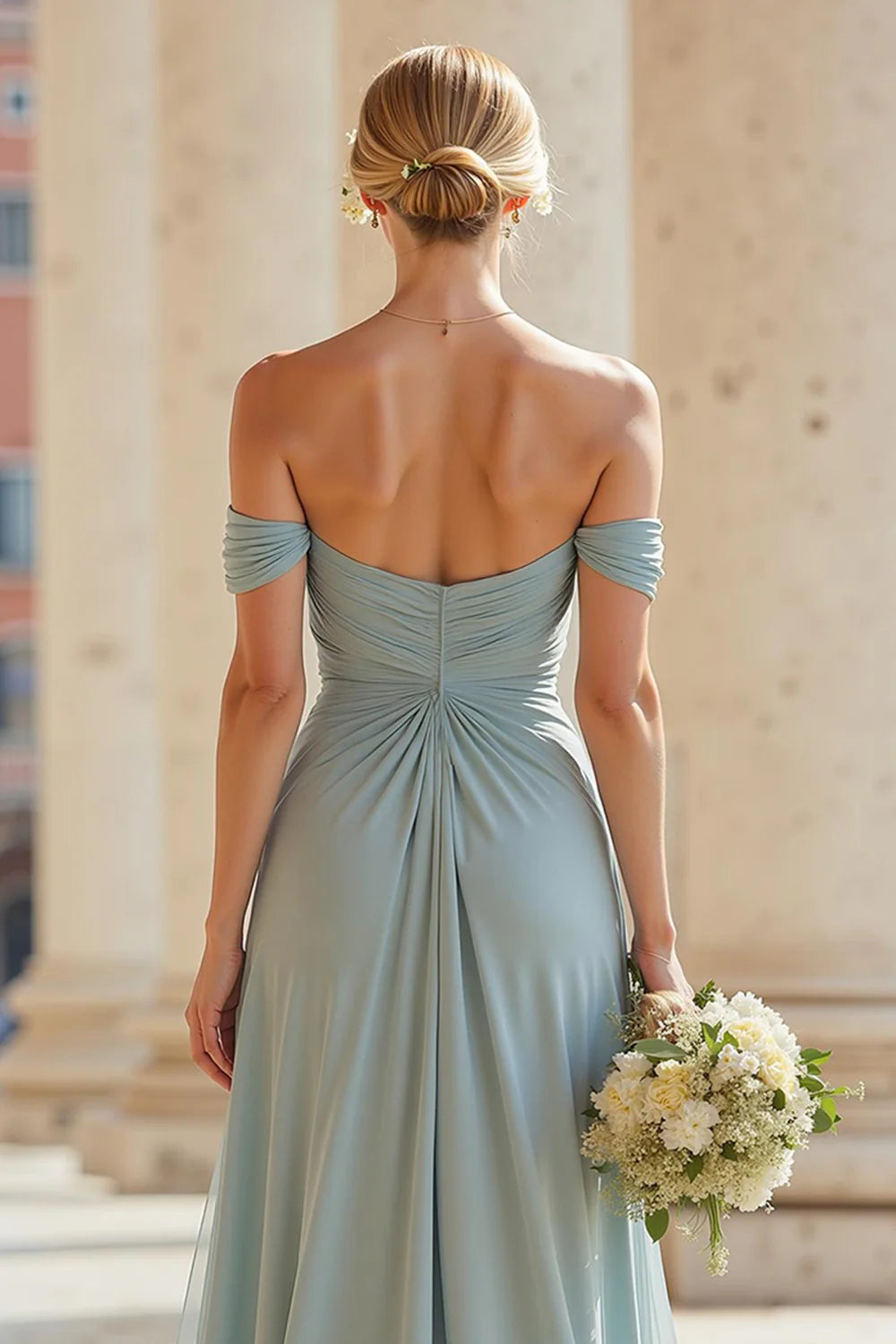 Off The Shoulder Grey Blue A Line Pleated Long Bridesmaid Dress with Slit
