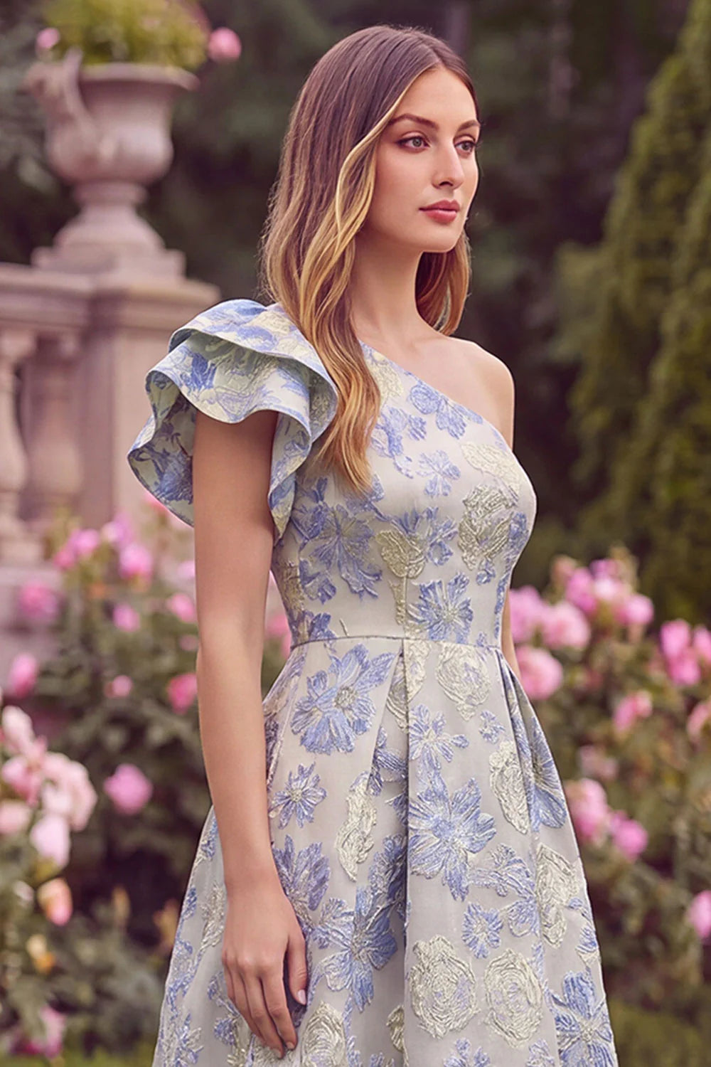 One Shoulder Floral Jacquard Light Blue A Line Midi Wedding Guest Dress