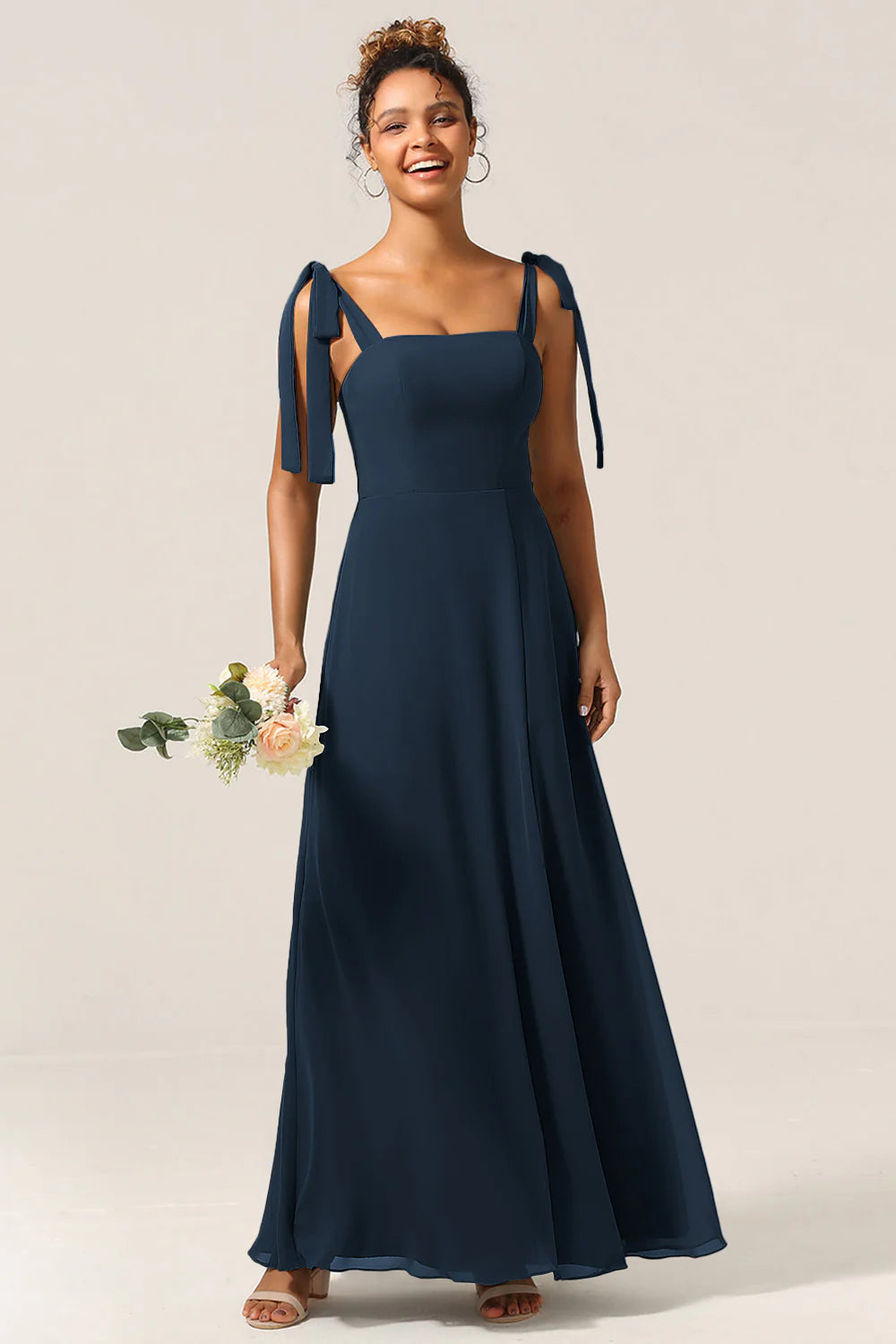 A Line Spaghetti Straps Floor Length Chiffon Bridesmaid Dress with Slit