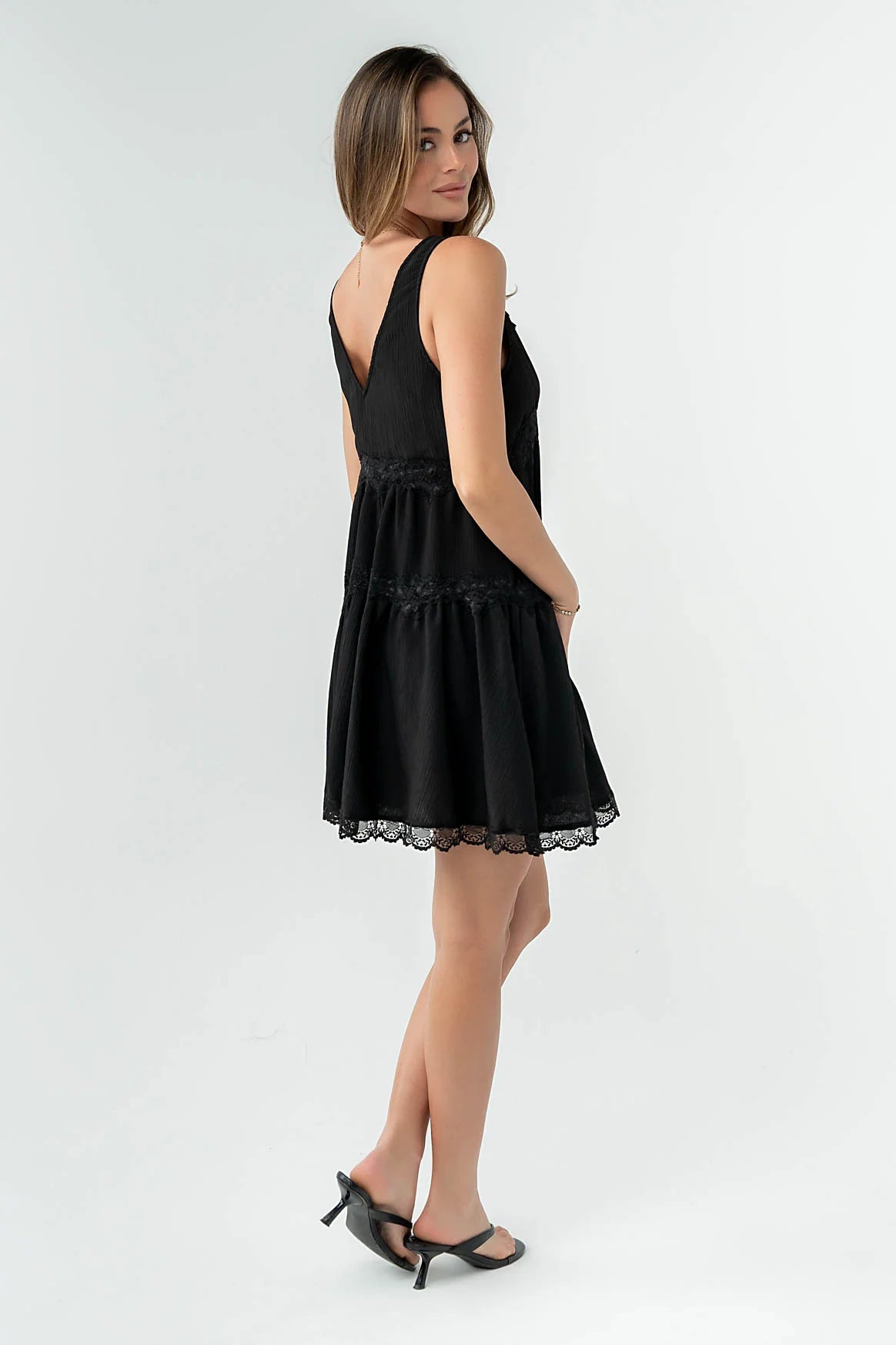 Quinny Lace Trim Mini Dress in Black