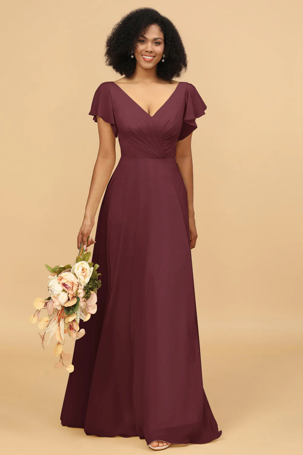 V Neck Cape Long Floor Length Chiffon Bridesmaid Dress