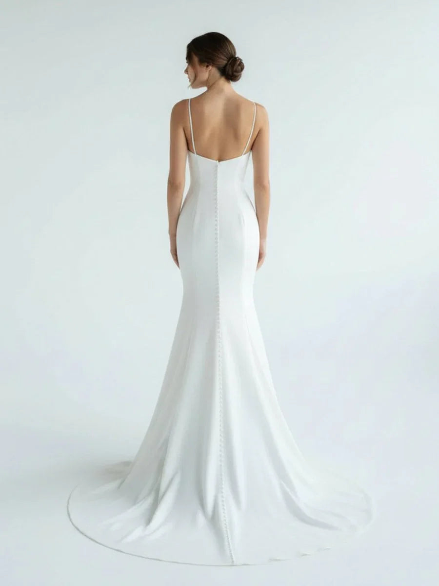 Mermaid White Spaghetti Straps Long Lace Wedding Dress