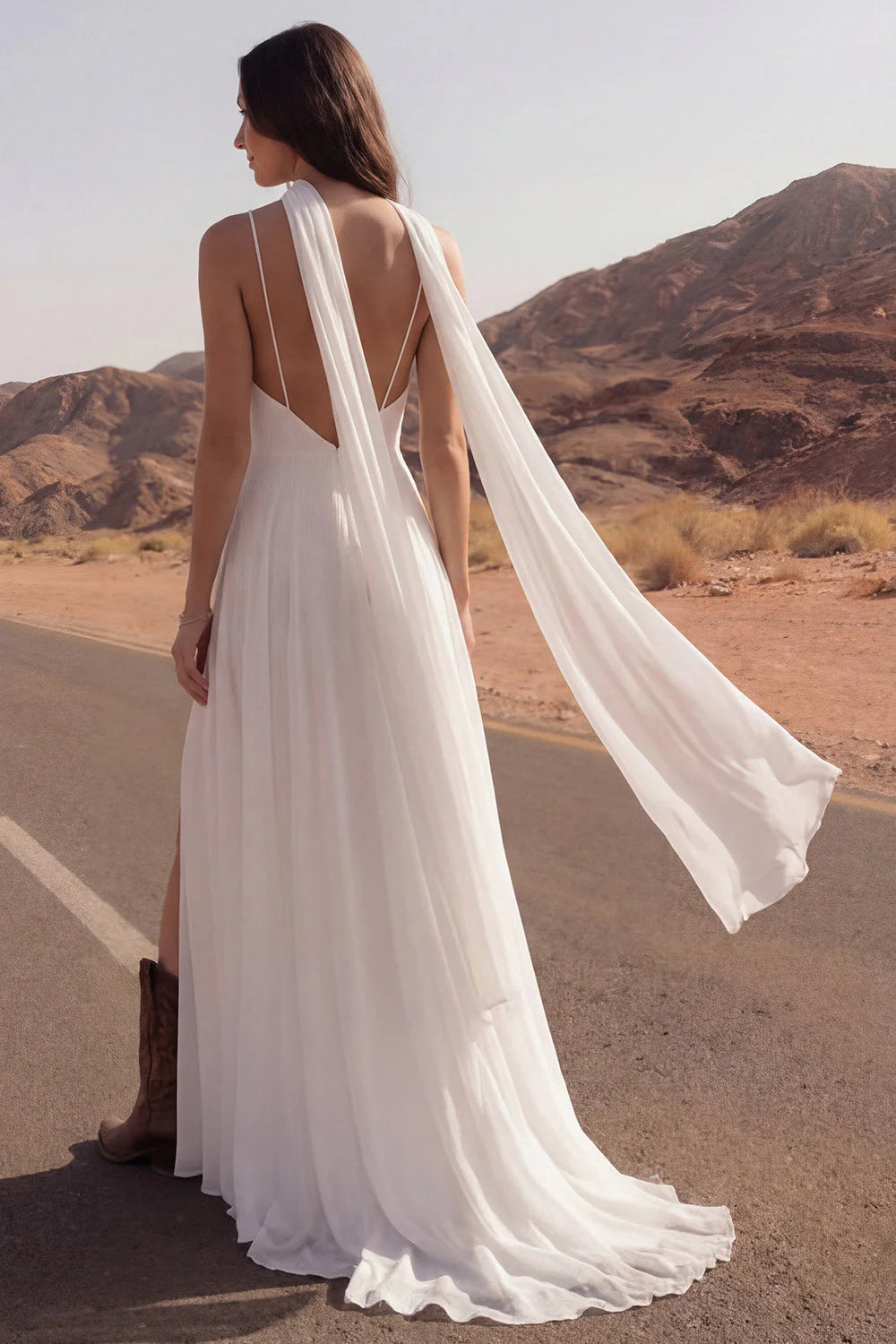 Ivory A Line Spaghetti Straps Maxi Wedding Dress with Sash