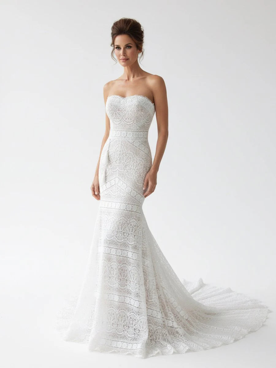 Vintage White Mermaid Lace Wedding Dress with Tassel