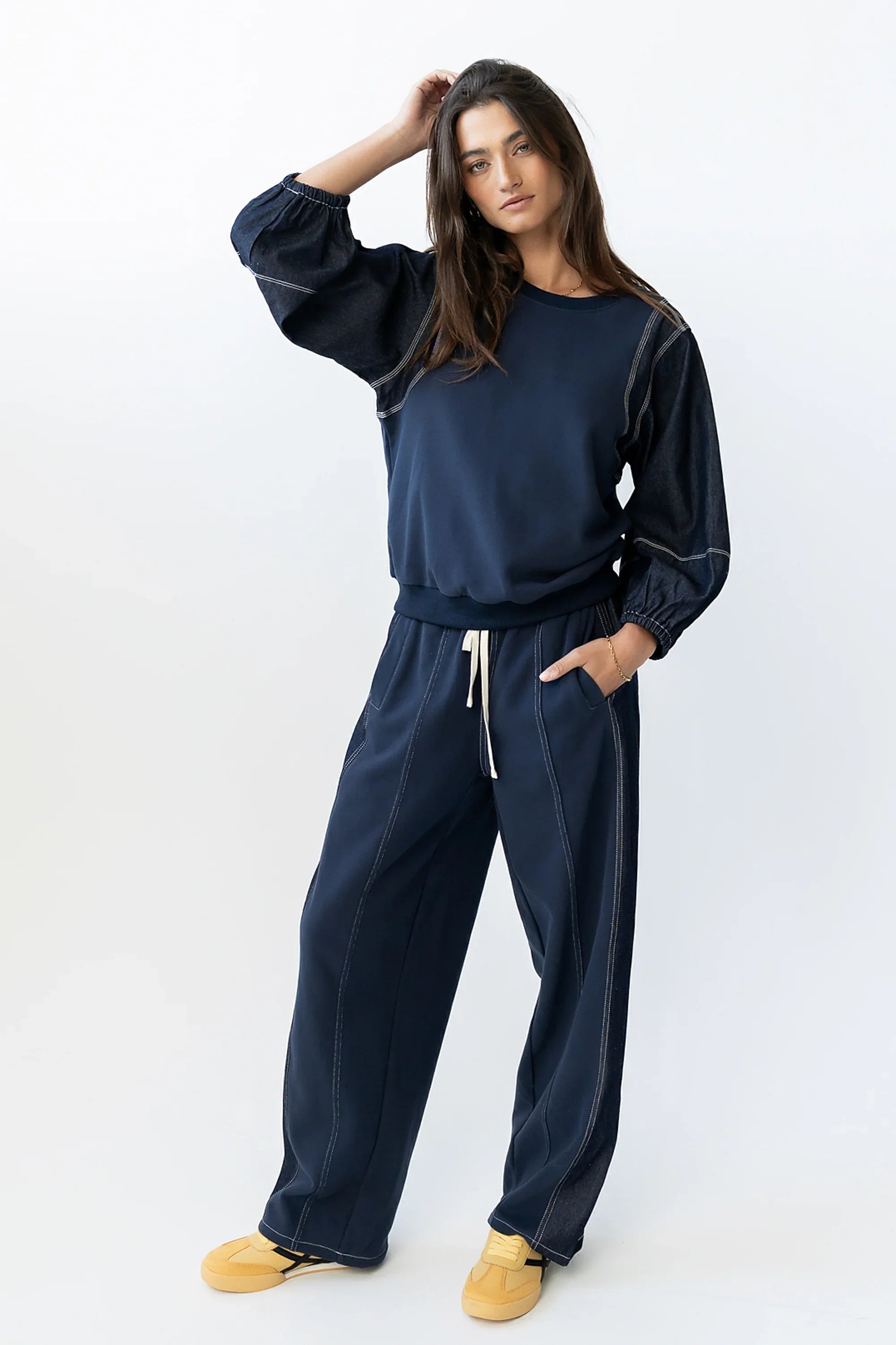 Malinda Mixed Media Top in Dark Wash FINAL SALE