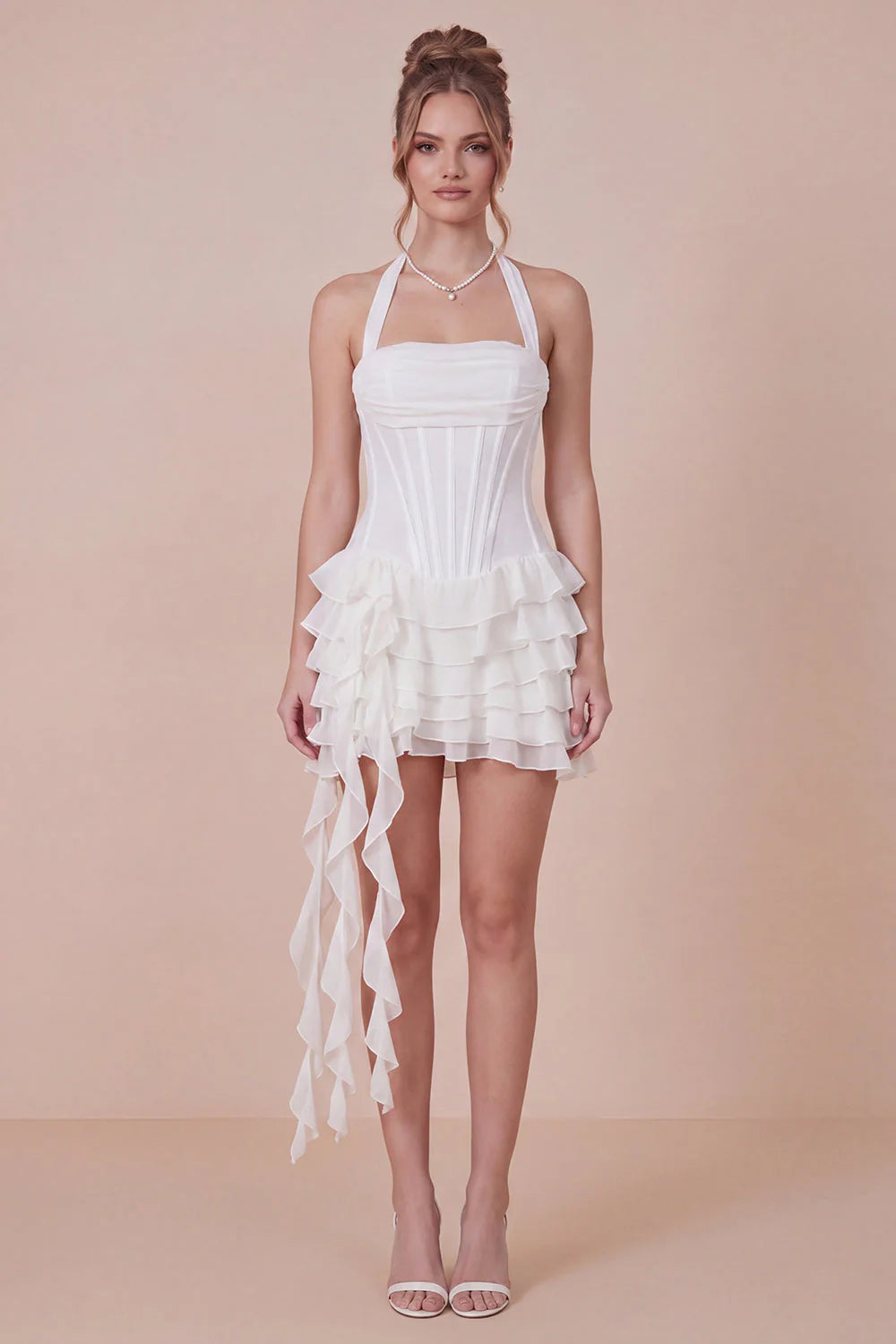 Halter Corset Tiered Ruffled White Graduation Dress with Side Streamer