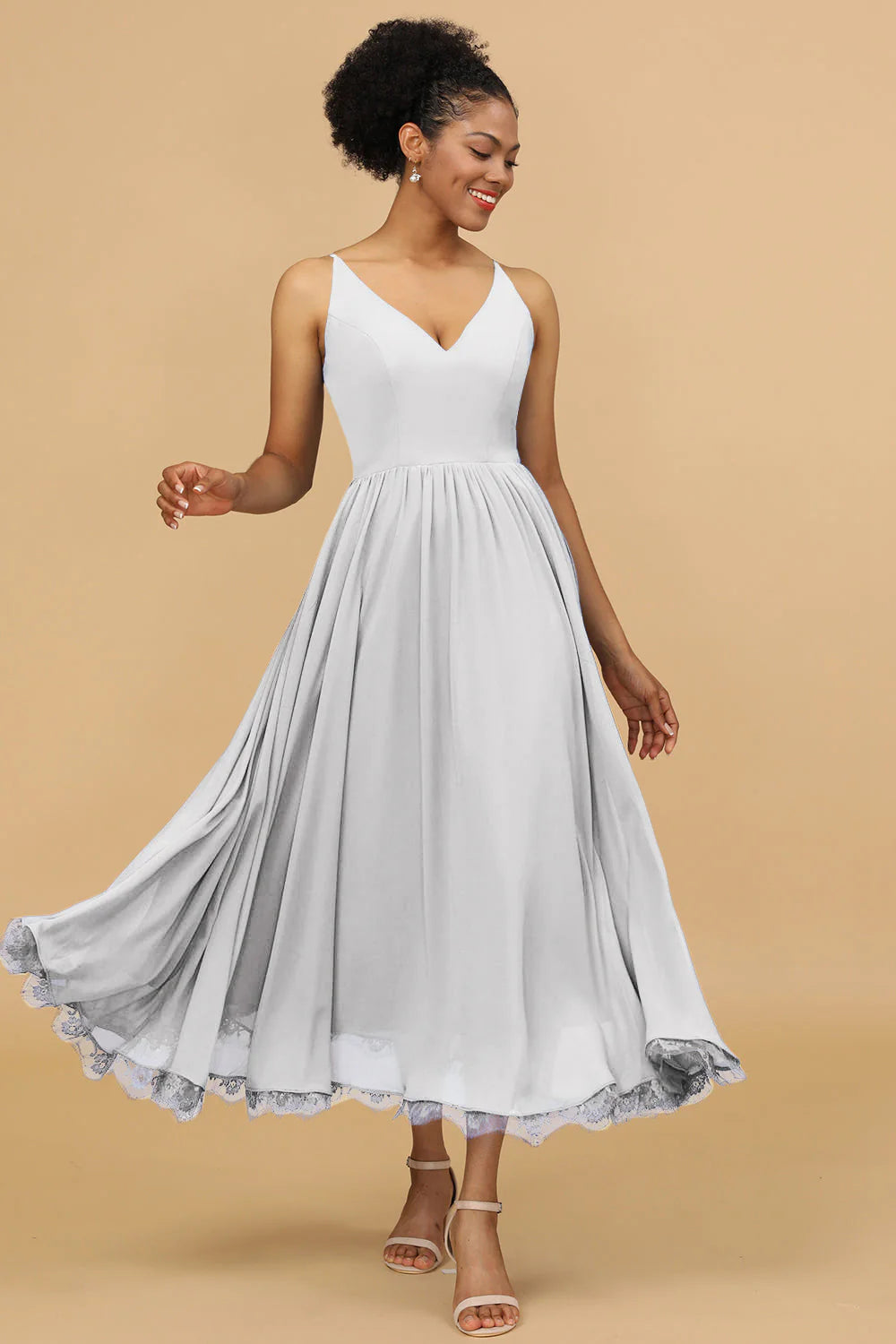A Line Spaghetti Straps Long Chiffon Bridesmaid Dress with Ruffles