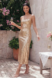 Gold Sequin Spaghetti Straps Midi Wedding Guest Dress