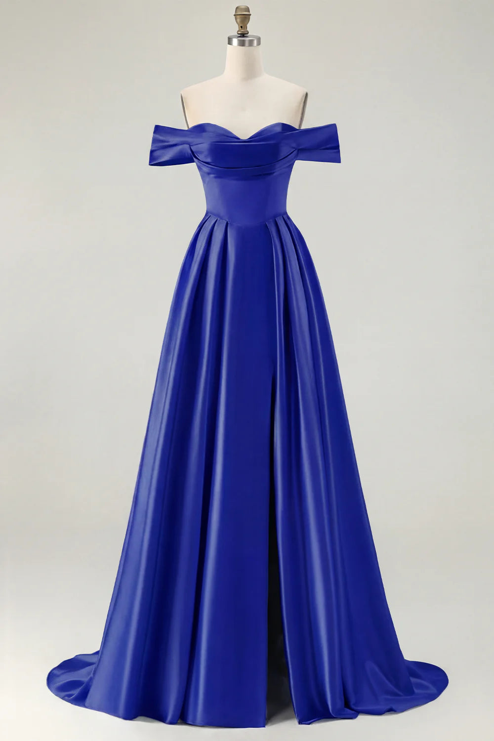 Off the Shoulder A Line Blue Satin Long Bridesmaid Dress with Slit