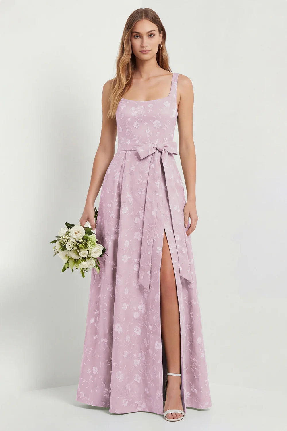 Sage A Line Square Neck Floral Jacquard Bridesmaid Dress with Slit