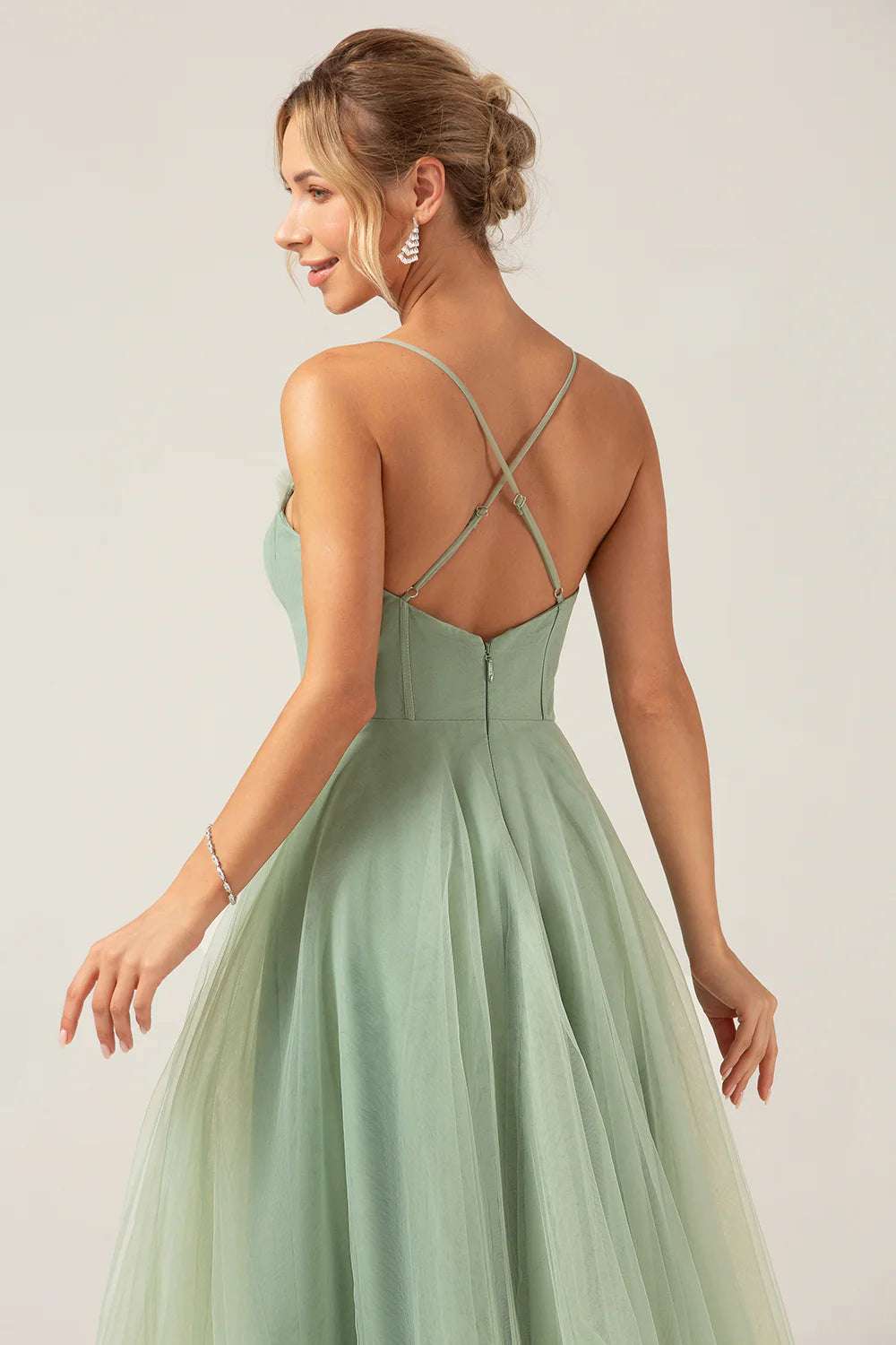 A Line Spaghetti Straps Tea Length Corset Tulle Matcha Bridesmaid Dress