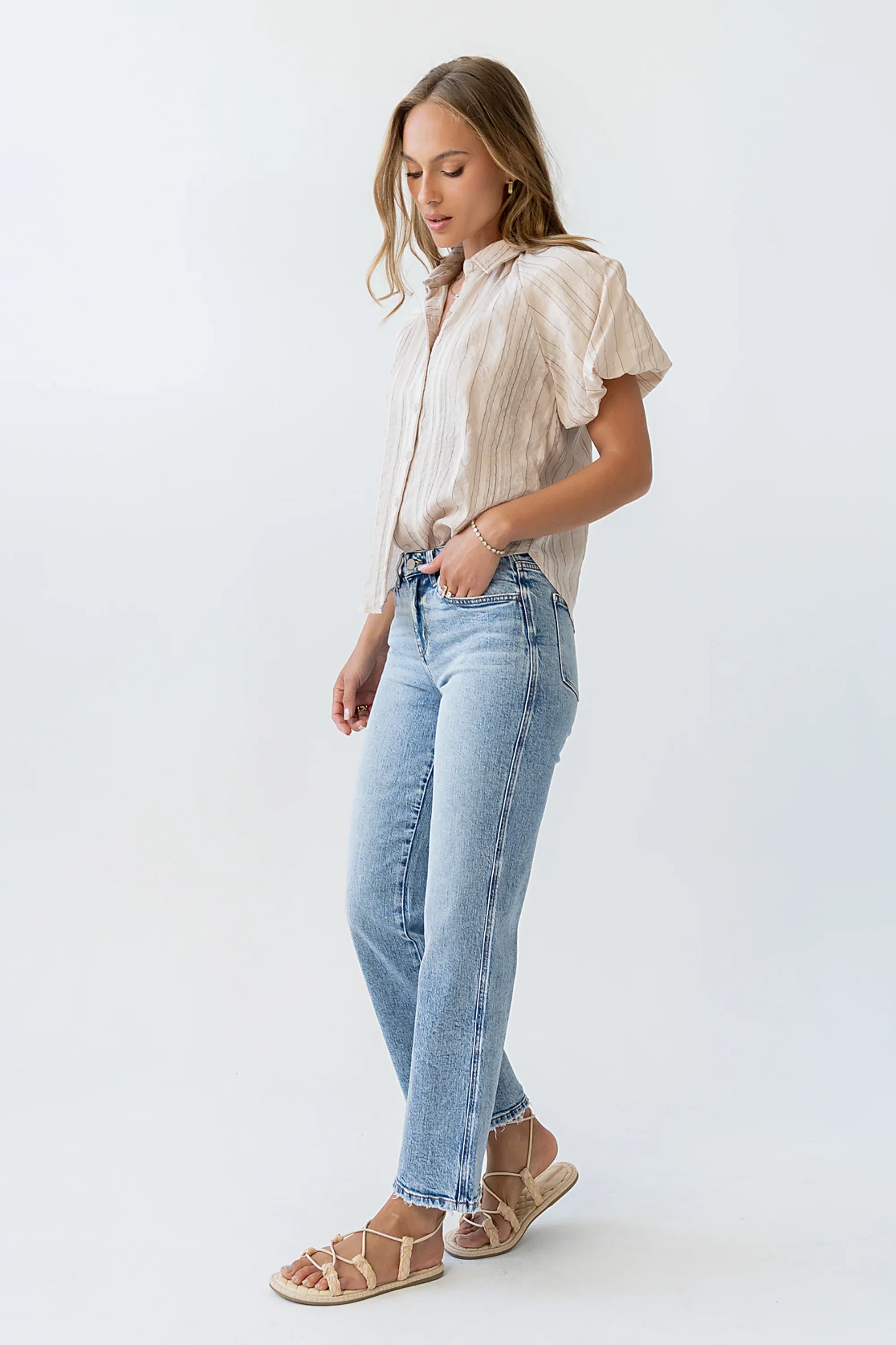 London Striped Button Up in Peach