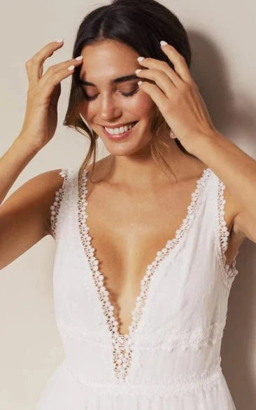 Bohemian Lace Tulle Plunging Neckline A Line Floor length Deep V Back Wedding Dress
