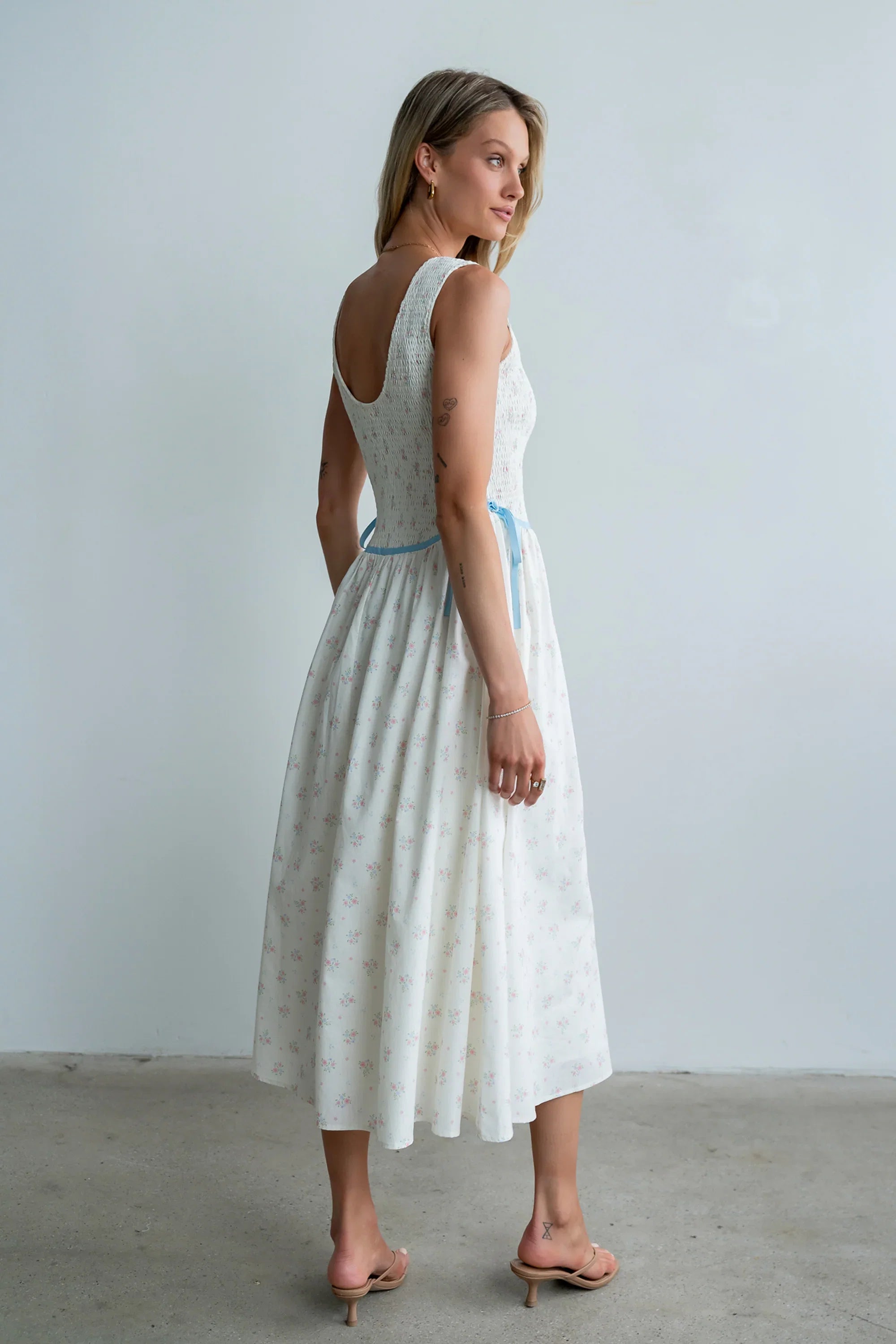 Kammie Smocked Midi Dress in Cream