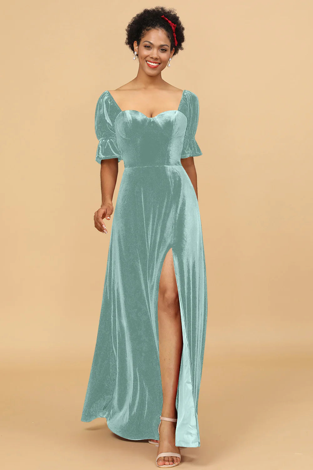 A Line Sweetheart Flare Sleeves Velvet Bridesmaid Dress with Slit