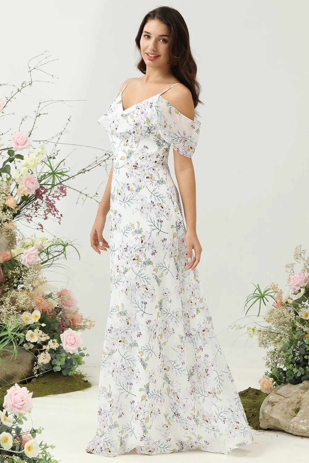 Blue Floral Print A Line Off the Shoulder Long Bridesmaid Dress
