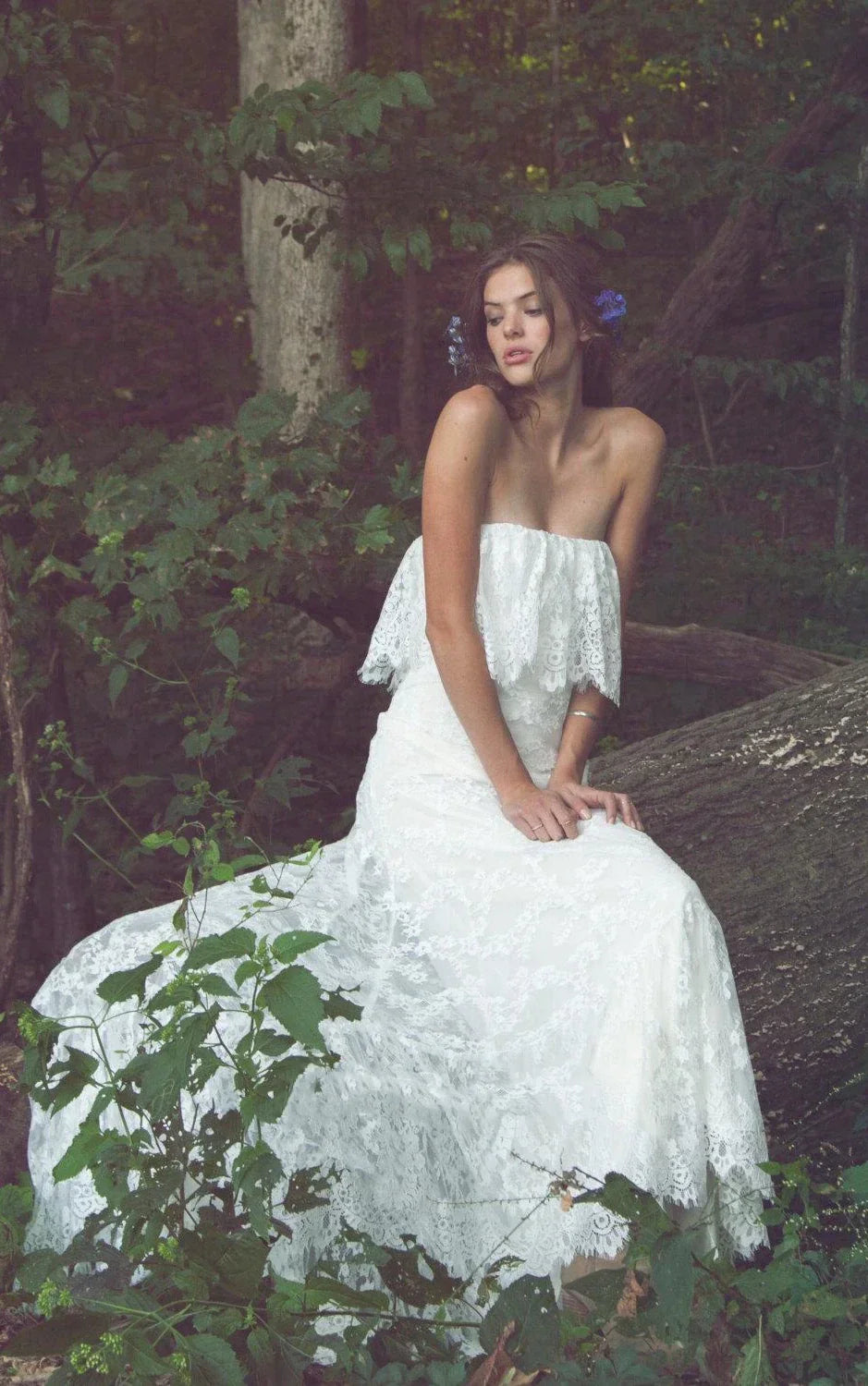 Off Shoulder Long Mermaid Lace Boho Wedding Dress With Ruffles